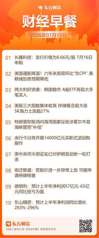 东方财富财经早餐 7月15日周三